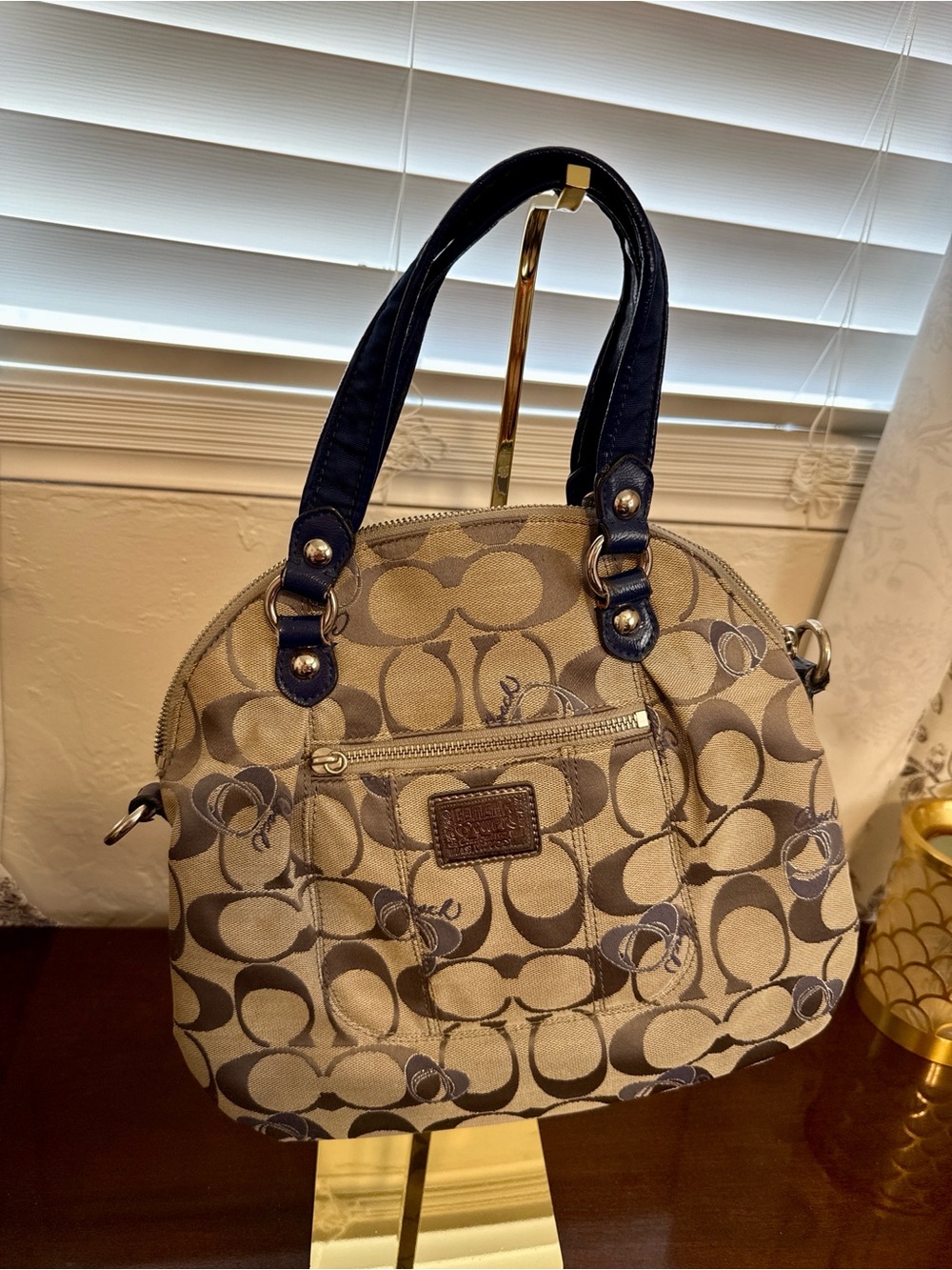 Coach Poppy Signature Canvas Dome Satchel in Beige with Navy Handles